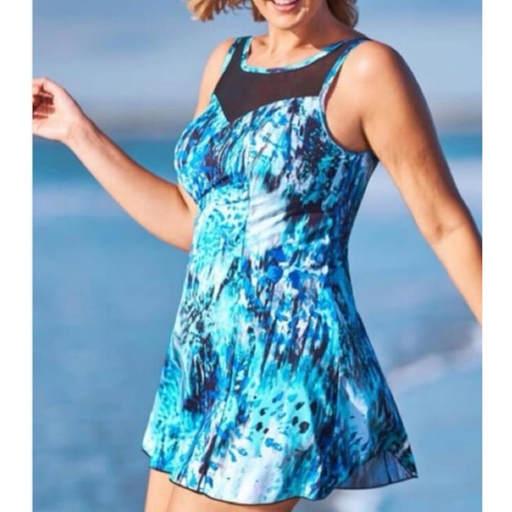 Swimsuits for All Mesh High Neck Swimdress One Piece Swimsuit Blue 18